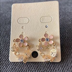 New pink daisy camellia gold crystal earrings